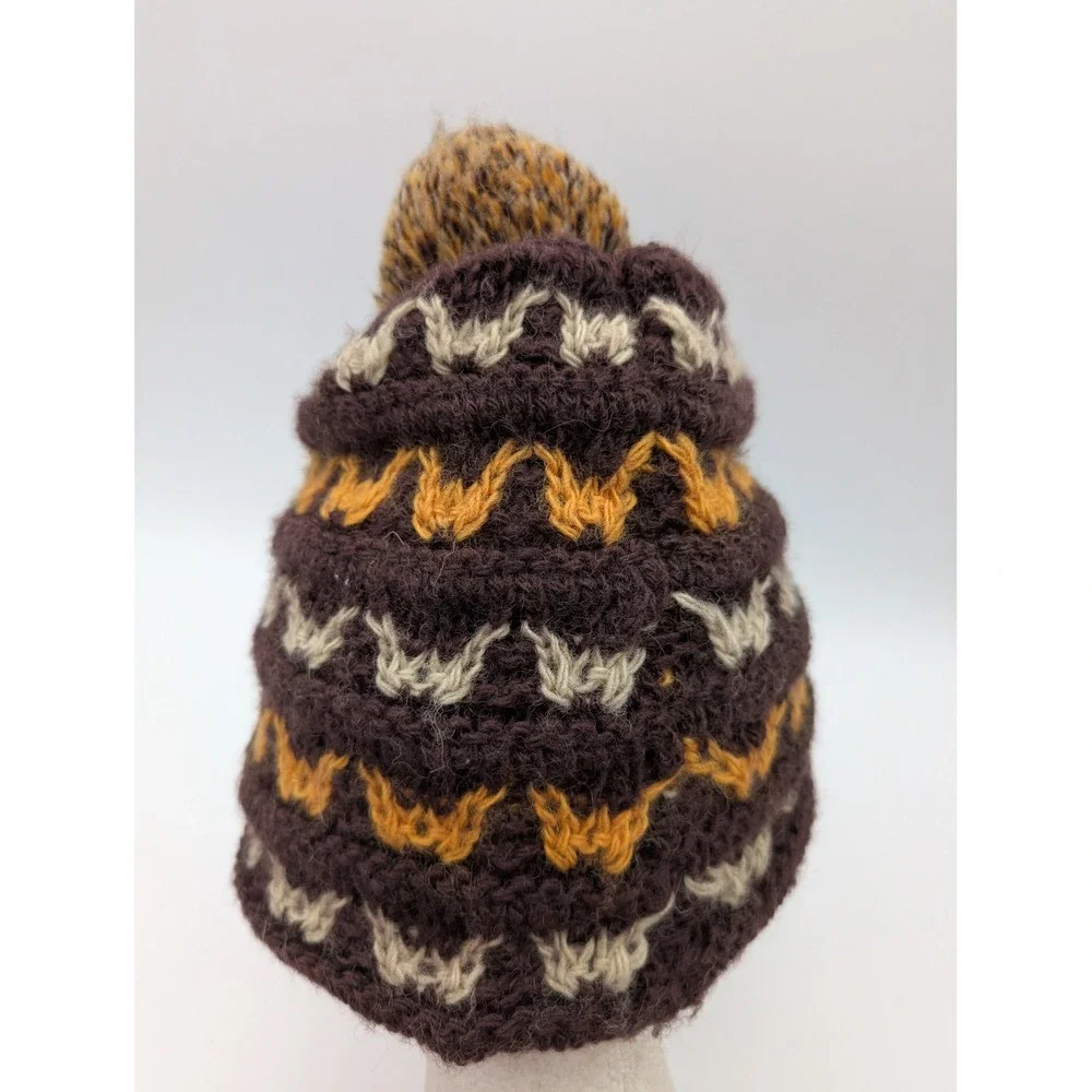 Skitops 100% Ragg Wool Fleece Lined Pom Beanie Brown Orange Knit Hat 11G32607